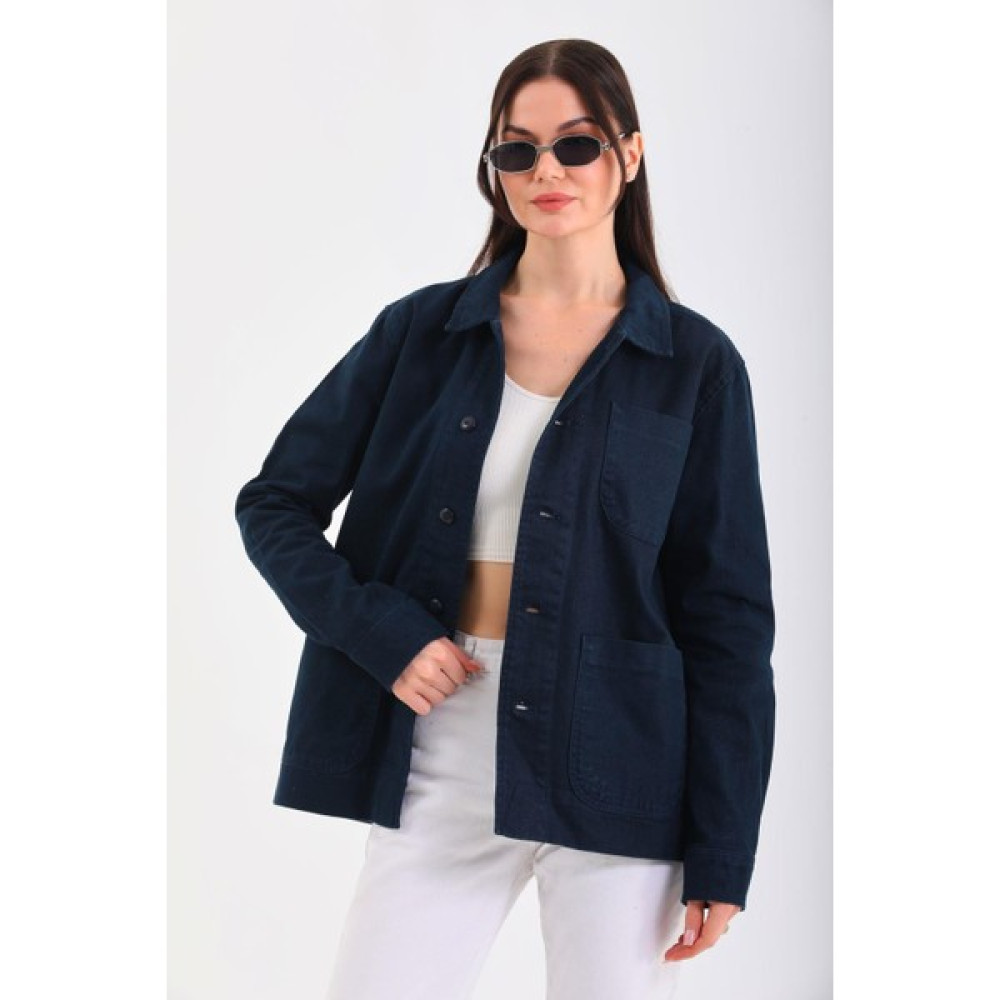 Finger Print Oversize Cep Detay Lacivert Denim Ceket Bayan Ceket Fiyatı