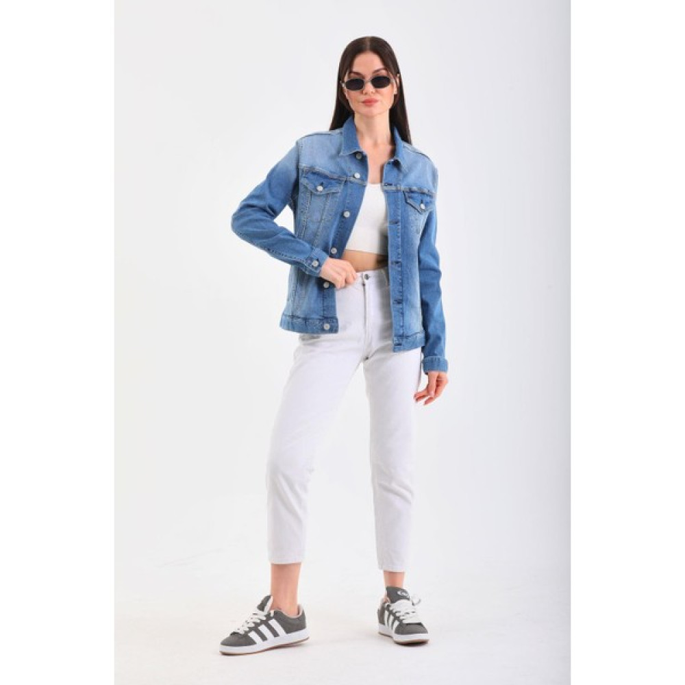Finger Print Oversize Mavi Denim Ceket Bayan Ceket Fiyatı