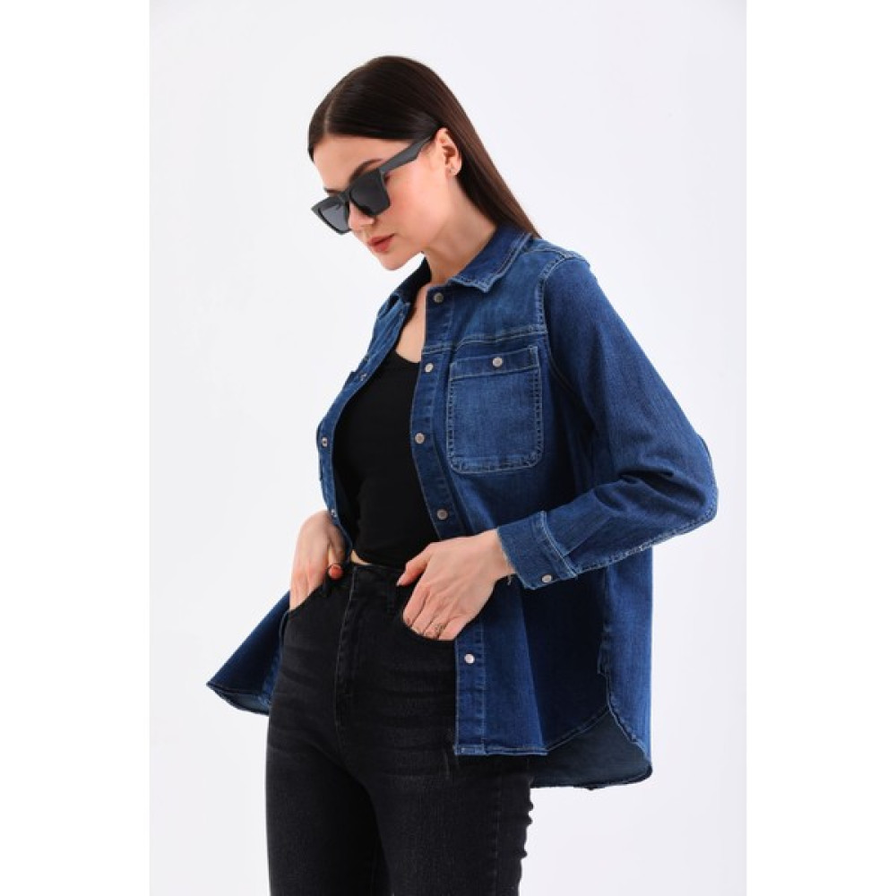 Finger Print Oversize Mavi Denim Gömlek Kadın Gömlek Fiyatı