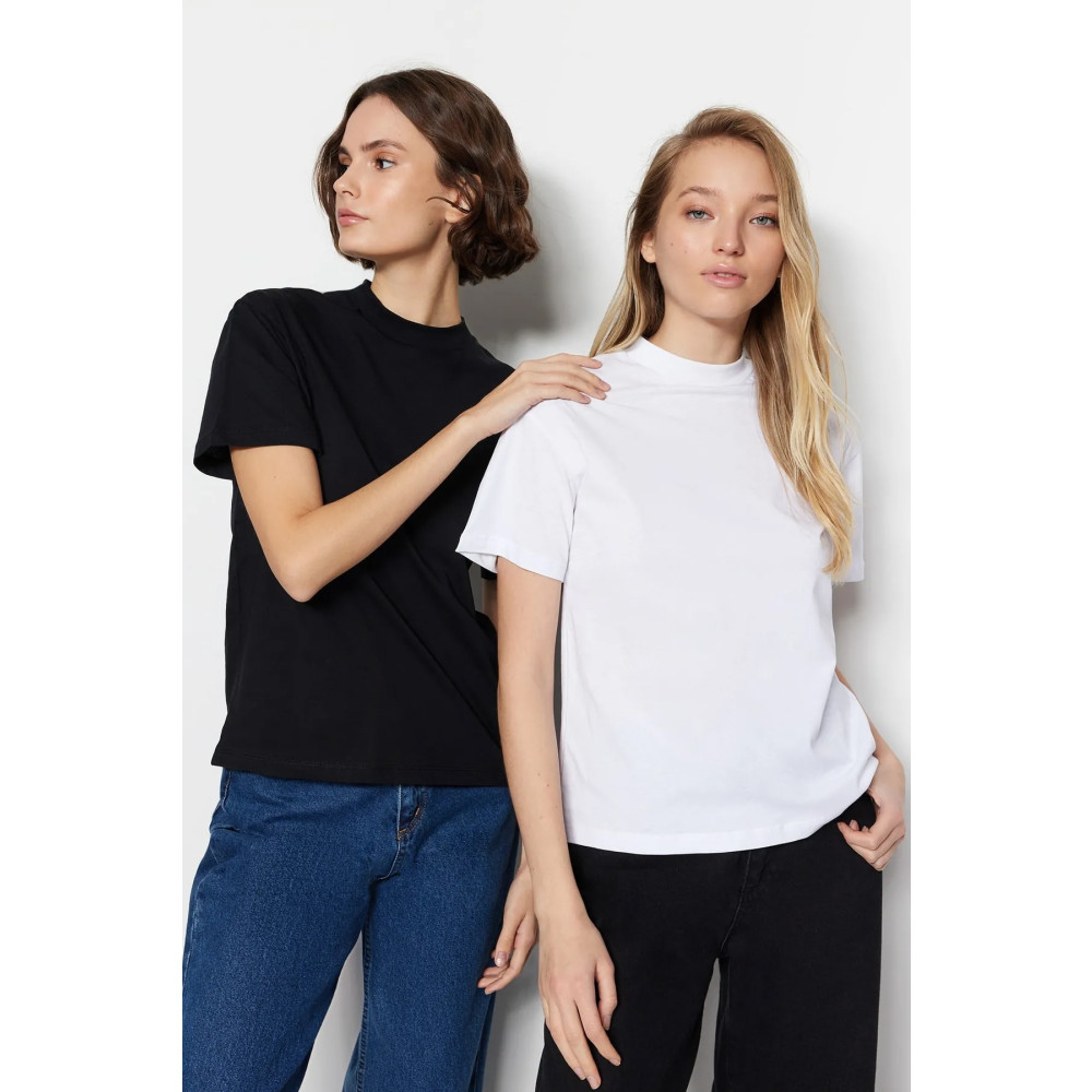 fiolin Beyaz Ve Siyah Dik Yaka 2li Paket Basic Örme T-shirt M Beden Bayan T-shirt Fiyatı