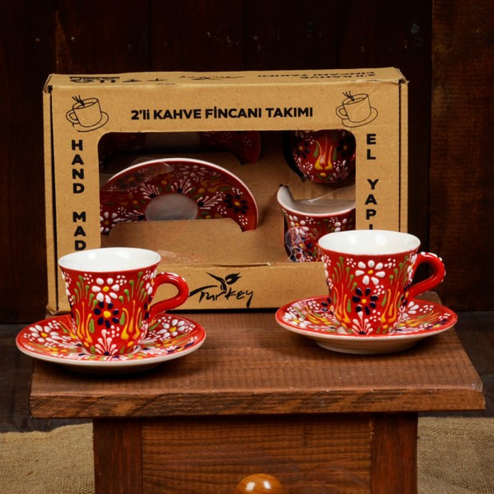 Fiorella Gift Kütahya El Yapımı Çini Kabartmalı 2 Takım Kahve Fincanı - Kırmızı Fincan / Bardak / Kahve Takımı Fiyatı