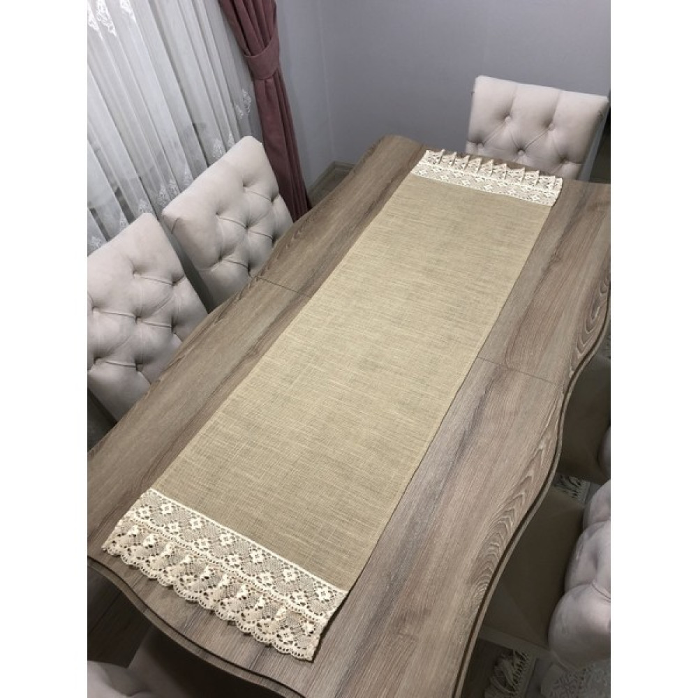 Fırat Rize Bezleri Dantel Fırfırlı Hasır Keten Runner / 45X140 - Bej - 45 x 140 cm Masa Örtüsü Fiyatı