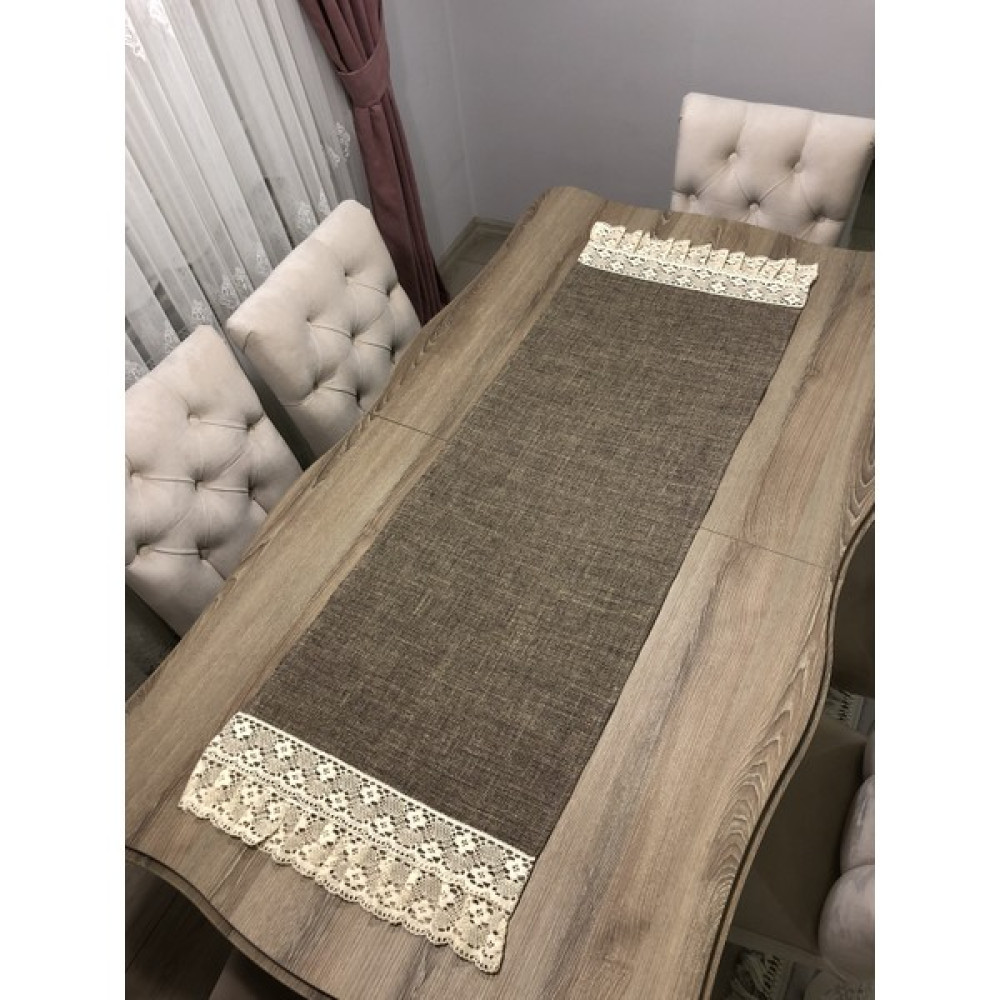 Fırat Rize Bezleri Dantel Fırfırlı Hasır Keten Runner / 45X140 - Kahverengi - 45 x 140 cm Masa Örtüsü Fiyatı