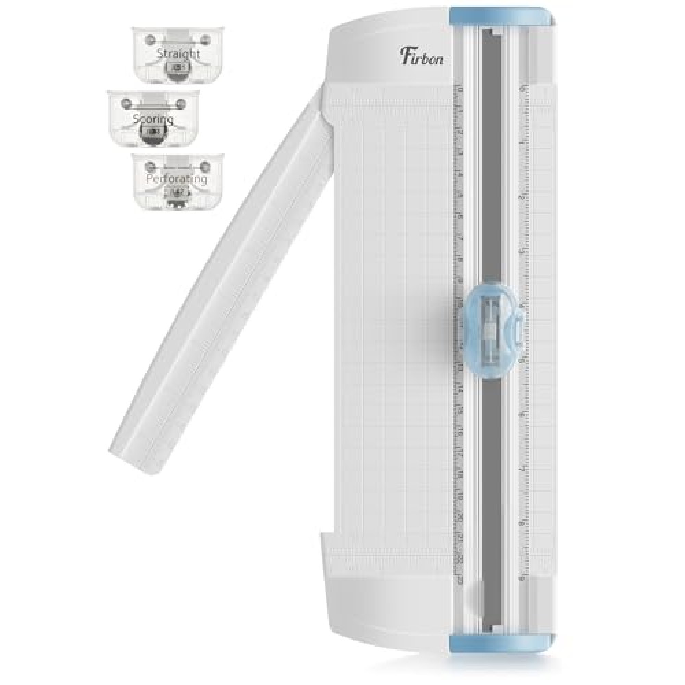 Firbon 3-in-1 Paper Cutter, 9" Compact A5 Paper Trimmer with Straight Cut, Scoring & Perforating Blades for Cardstock, Scrapbooking, Crafting, Labels & Home Office (Blue)