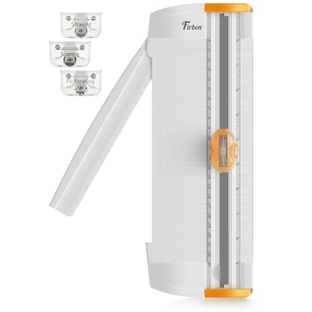 Firbon 3-in-1 Paper Cutter, 9" Compact A5 Paper Trimmer with Straight Cut, Scoring & Perforating Blades for Cardstock, Scrapbooking, Crafting, Labels & Home Office (Orange)
