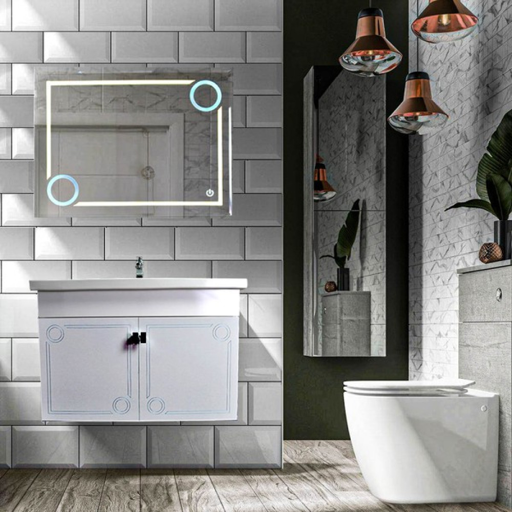 Firdes Dokunmatik Led'li Renkli ve Ym Desenli Ayna 65'lik Banyo Dolabı Seti - Beyaz Banyo Dolabı / Mobilyası Fiyatı