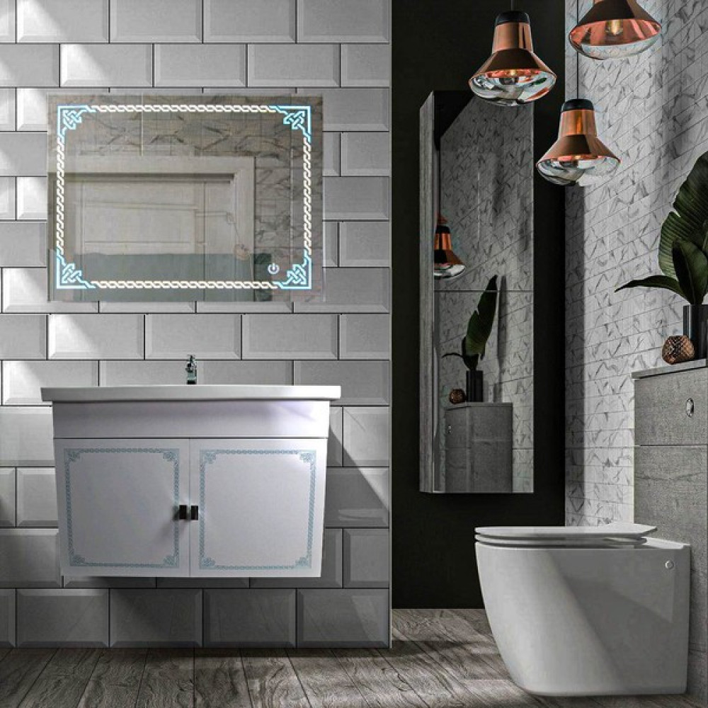 Firdes Dokunmatik Led'li Renkli ve Zm Desenli Ayna 65'lik Banyo Dolabı Seti - Beyaz Banyo Dolabı / Mobilyası Fiyatı