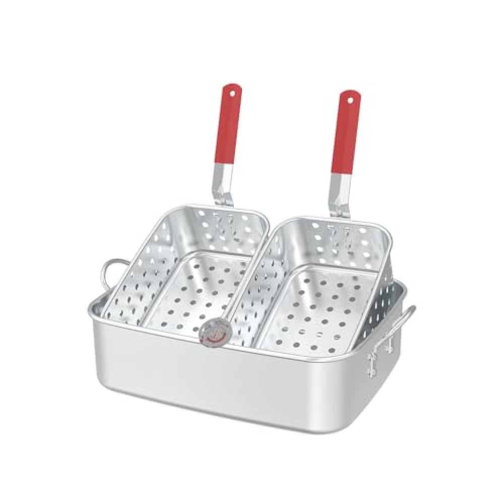 FireRiot 18QT Aluminum Deep Fryer Pot with Baskets & Heat-Resistant Silicone Handles - Lightweight & Durable Fish Fryers Outdoor Cooking - Rectangular Fish Fryer Basket for Outdoor Fryer