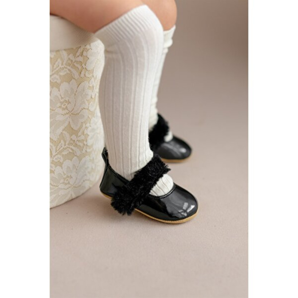 First Step Siyah Tüylü Cırt Cırtlı Rugan Kız Bebek Babet PATIK-G-2355 Bebek Ayakkabısı Fiyatı