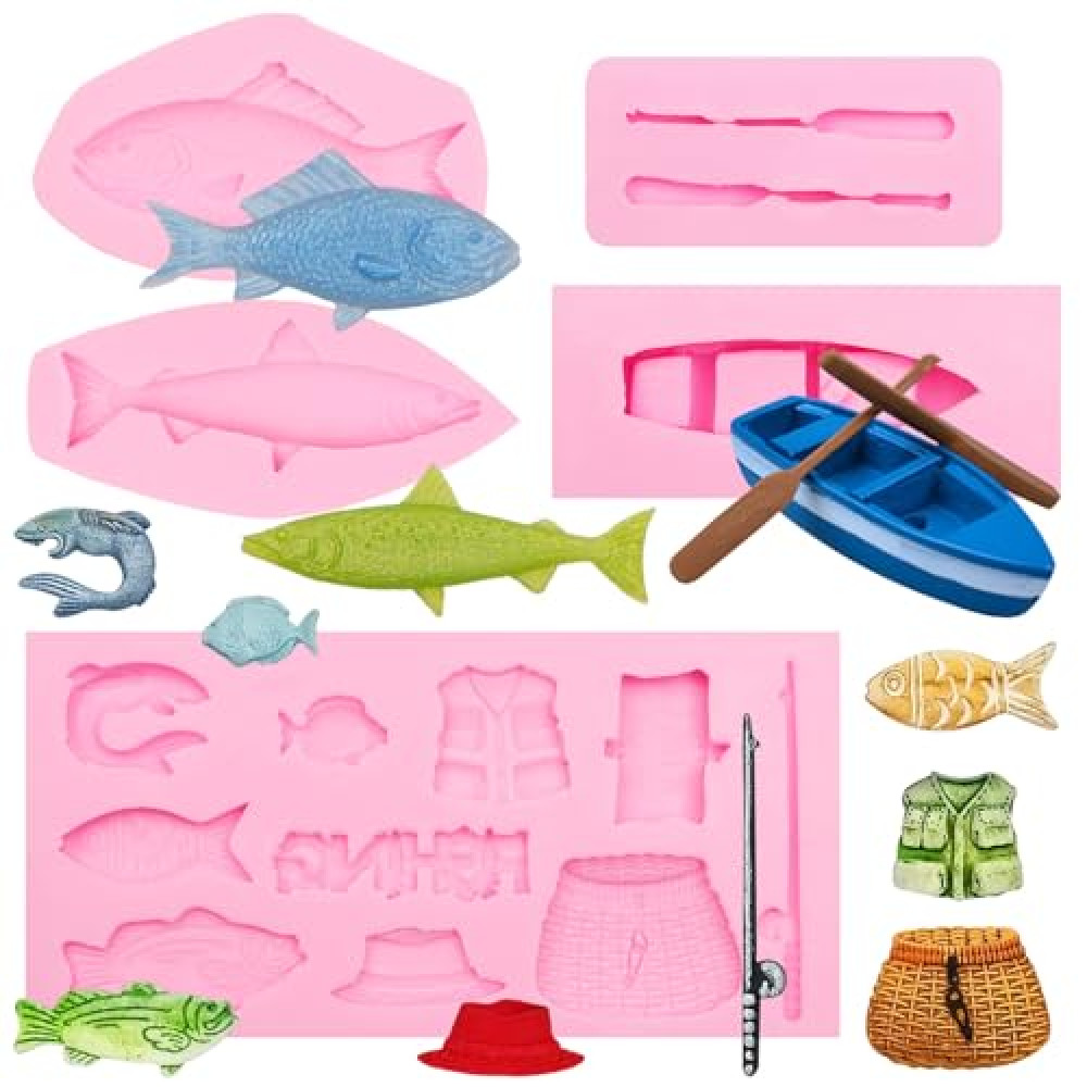 Fishing Set Silicone Molds 5Pcs, Fishing Tool Fishing Rod Fish Basket Chocolate Molds, Boat Oar Minnow Cake Decoration Fondant Molds for Baking Cupcake Topper Candy Cookie Clay Resin DIY Crafts