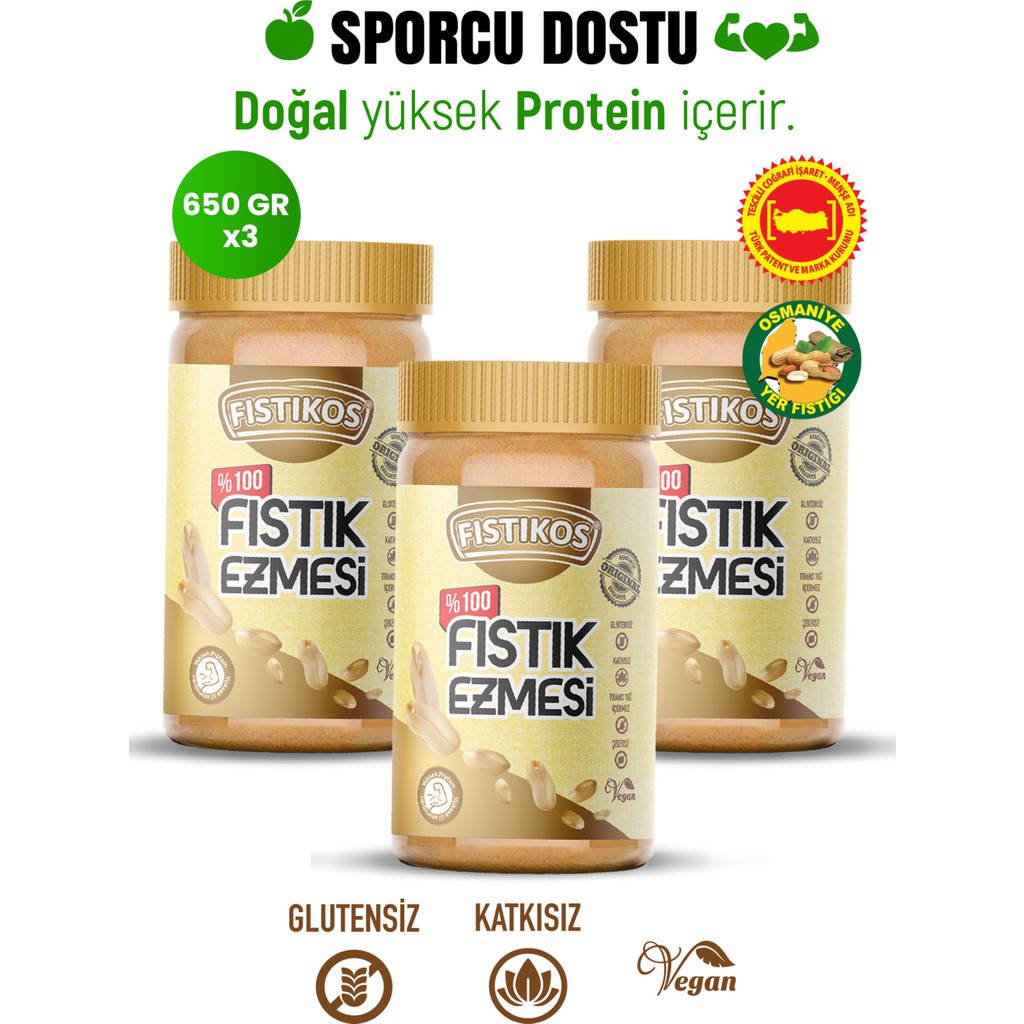 Fıstıkos 3’lü Şekersiz Yer Fstığı Ezmesi - 650 gr Diğer Fiyatı