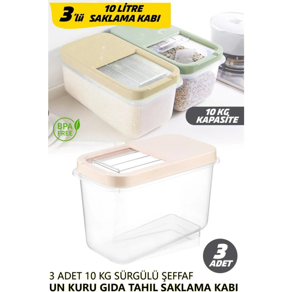 Fithome 10 kg Kuru Bakliyat Erzak Saklama Kabı Pirinç Mama Un Erzak Kutusu 3 Adet Eşya Saklama / Düzenleme Fiyatı