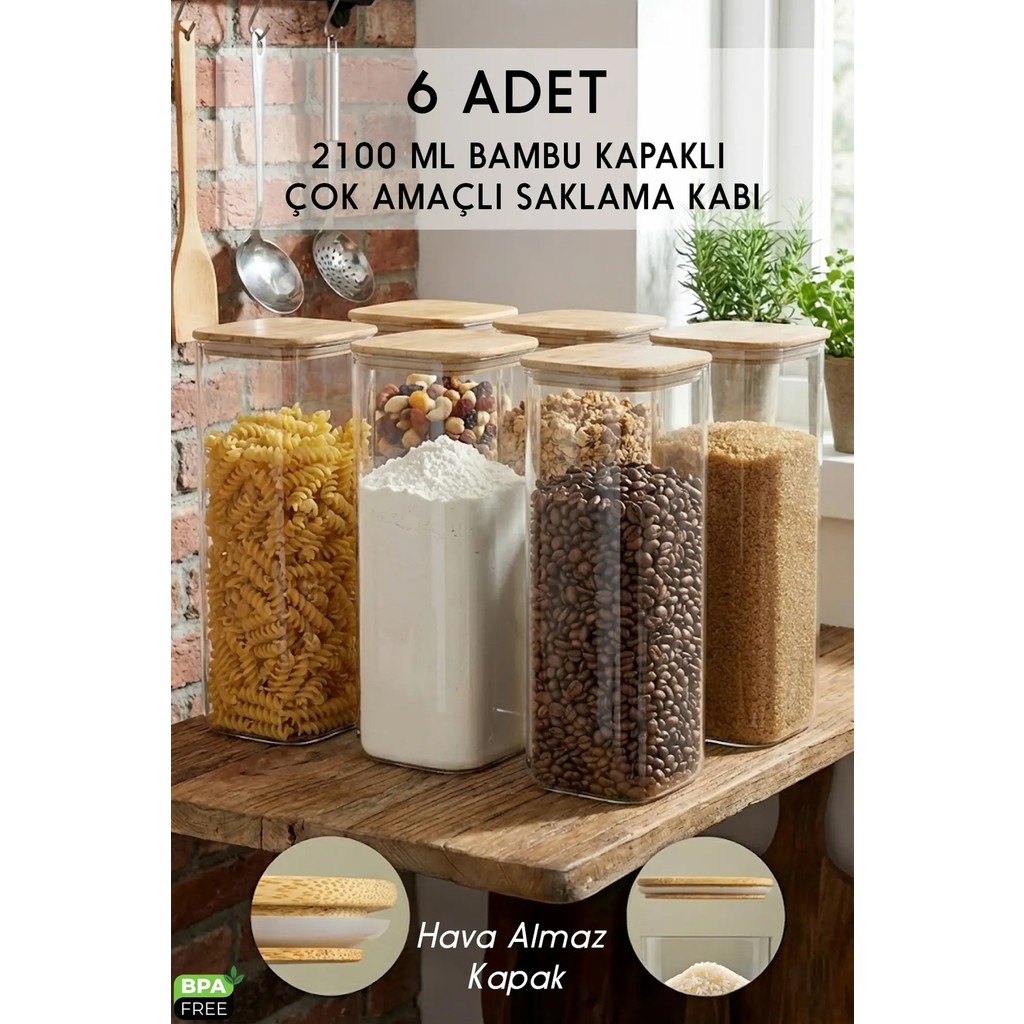 Fithome Bambu Kapaklı Kare 6’lı 2100 ml Hava Geçirmez Gıda Saklama Kabı Seti – 2.1 Litre Büyük Boy Erzak Eşya Saklama / Düzenleme Fiyatı