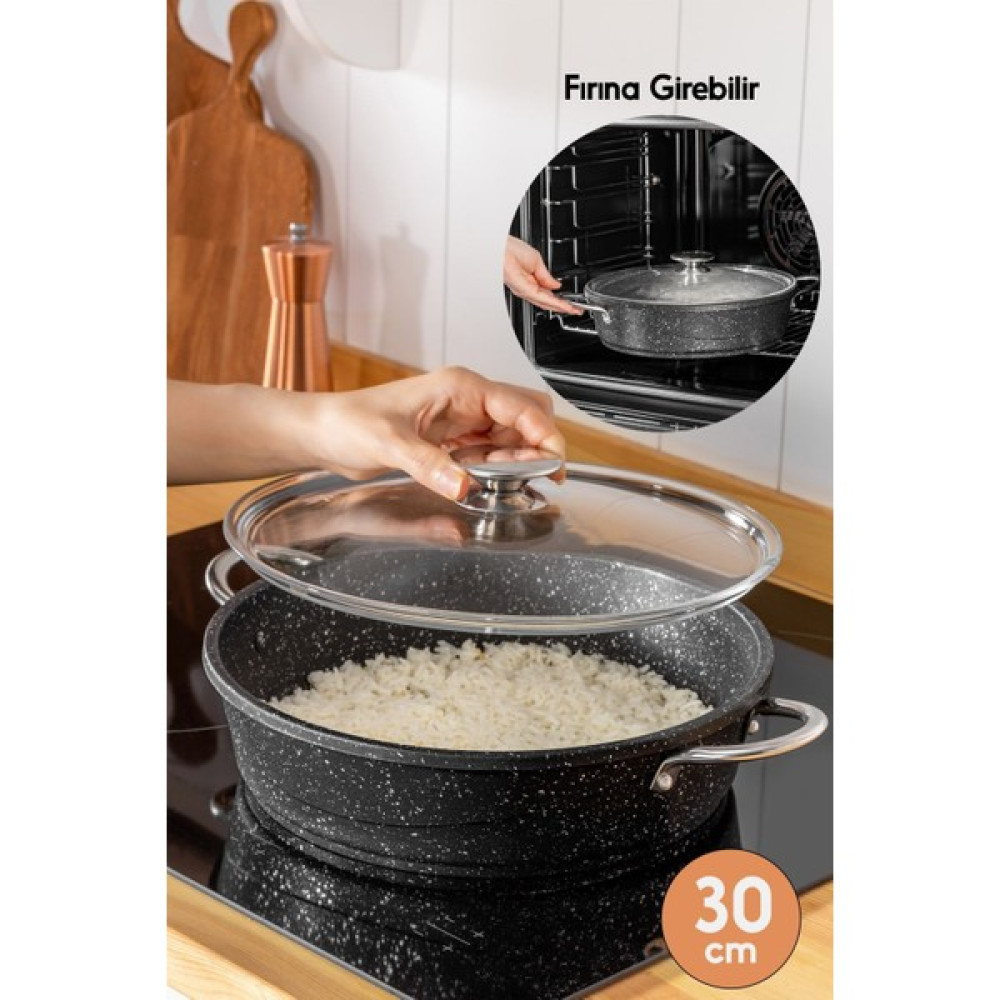 Fithome Döküm Granit Fırına Girebilir Yanmaz Yapışmaz Pilav Karnıyarık Tenceresi - Siyah - 30 CM Tencereler Fiyatı