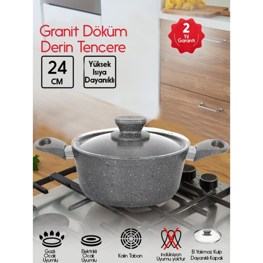 Fithome Döküm Granit Yanmaz Yapışmaz Derin Yemek Tenceresi 24 cm - Siyah Tencere / Tava Setleri Fiyatı
