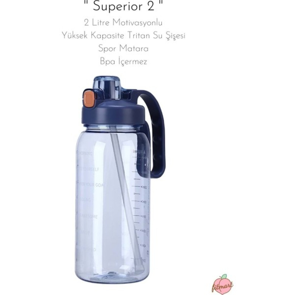 Fitmart "superior 2" 2 Litre Motivasyonlu Tritan Su Şişesi Spor Matara - Bpa Içermez - Lacivert Matara Fiyatı