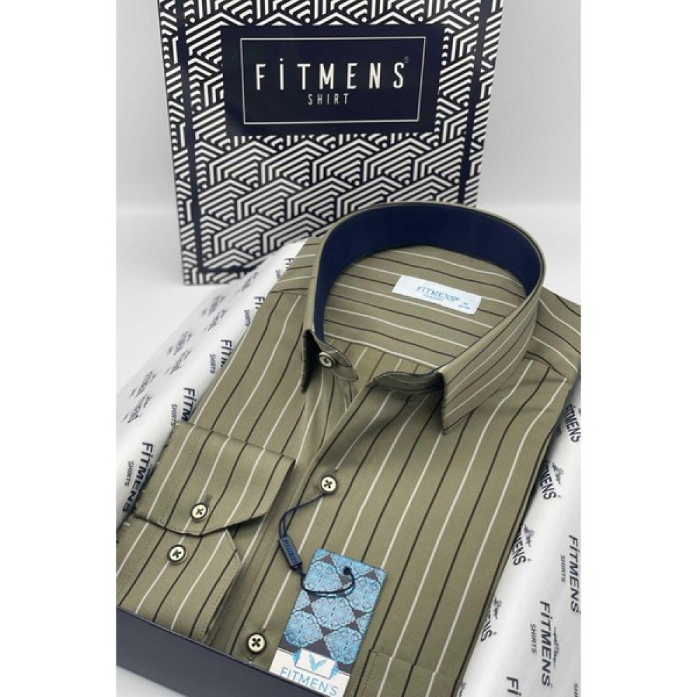 Fitmens Klasik Uzun Kol Premium Çizgili T.1339 Gömlek - Haki Erkek Gömlek Fiyatı