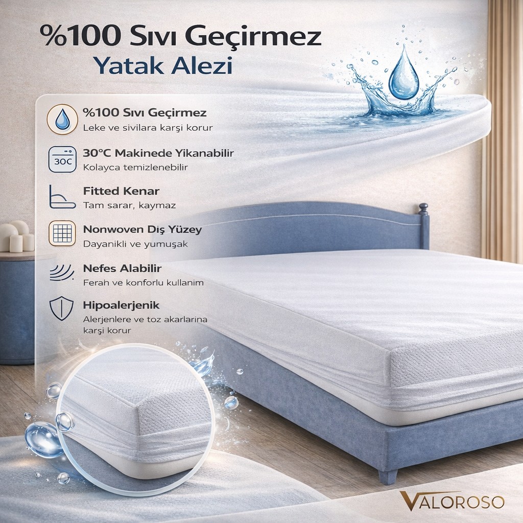 Fitted Full Kenar Su Sıvı Geçirmez Yatak Koruyucu Alez – 100X200 / 120X200 / 160X200 / 180X200 cm - 160 x 200 cm - Beyaz Alez / Yatak Koruyucu Fiyatı