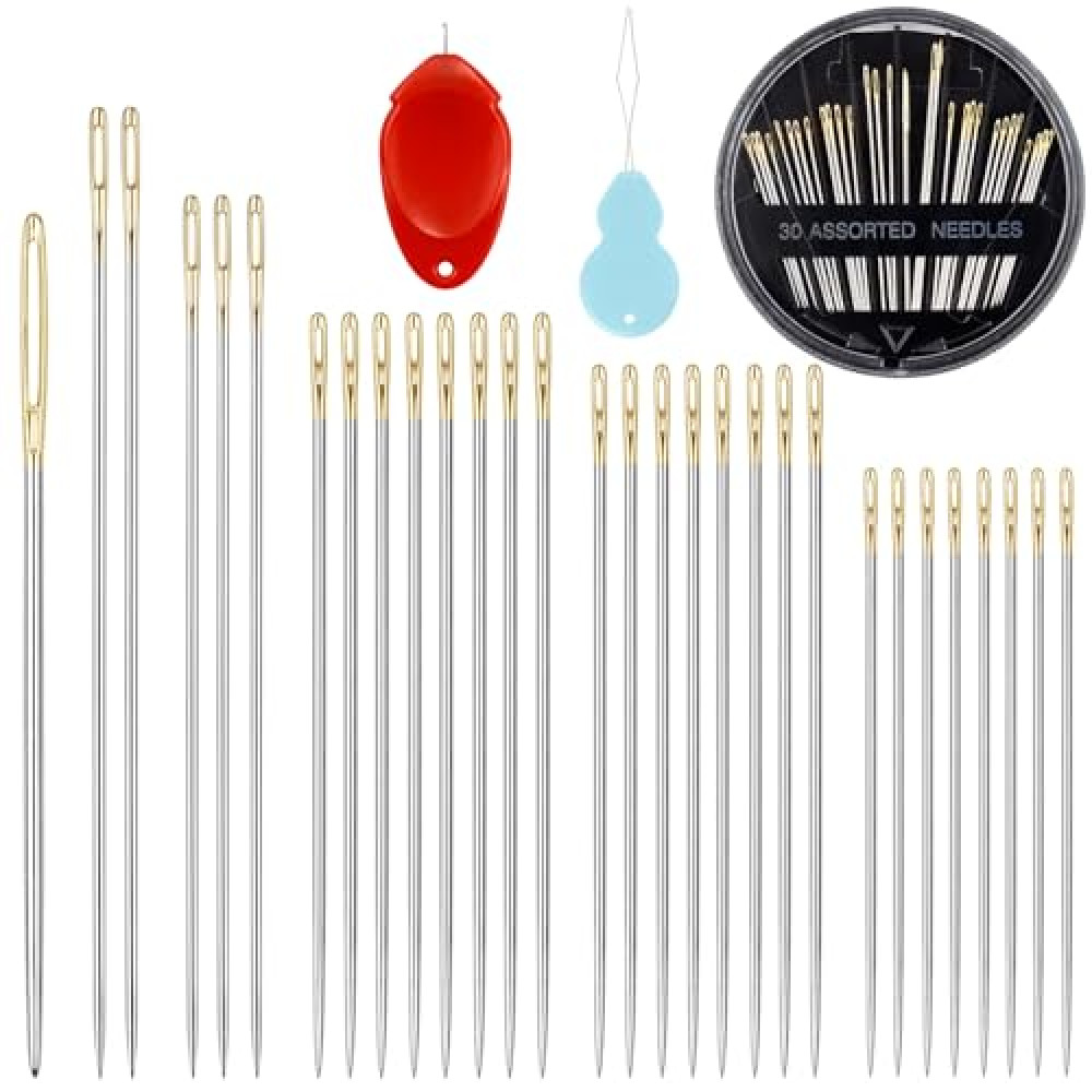 FIVEIZERO 30-Count Premium Hand Sewing Needles, 6 Sizes Embroidery Needles Kit with Threaders for Hand Sewing Crafts,Large Eye Sewing Needle Kit for Art and Craft Projects