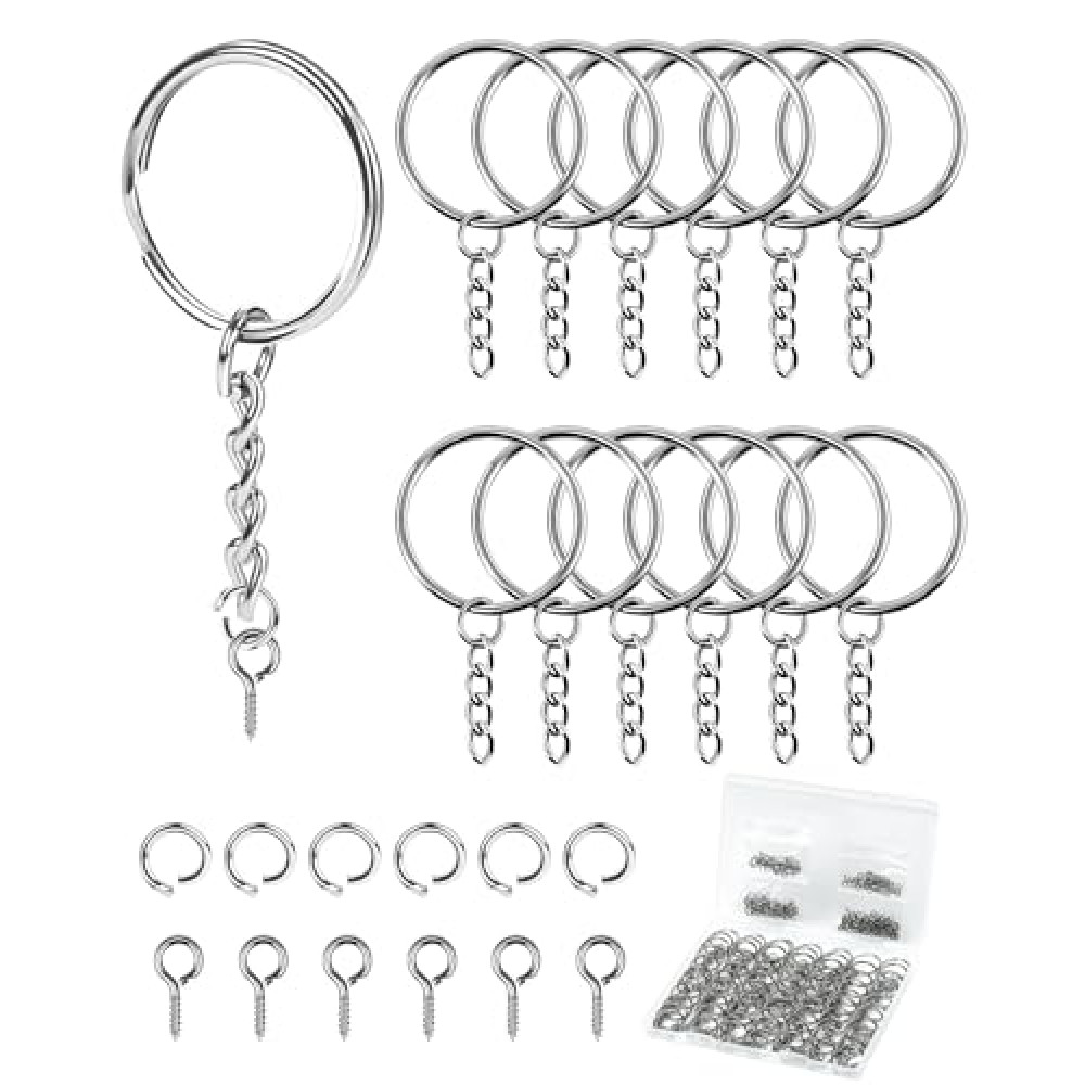FIVEIZERO 300Pcs Key Rings Kit, 100Pcs Key Ring with Chain, Keyrings Kit,100Pcs Small Screw Eye Pins, 100Pcs Open Jump Rings for Keychain Making Supplies, Crafts, and DIY Projects