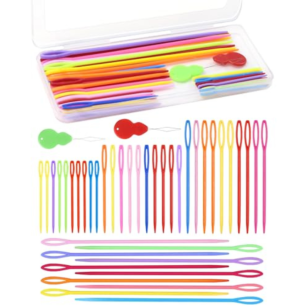 FIVEIZERO 40PCS Plastic Needles – 4 Sizes with Large Eye, Plastic Sewing Needle with Threader and Box, Yarn Needles for Crochet and Canvas, Crochet Needle for Handmade Crafts