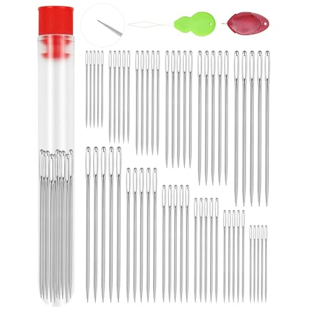 FIVEIZERO 60 PCS Large Eye Sewing Needles, 6 Sizes Hand Sewing Needles, Leather Needle Embroidery Thread Needle, Stainless Hand Quilting Needles with Threaders for Hand Sewing Art Crafts