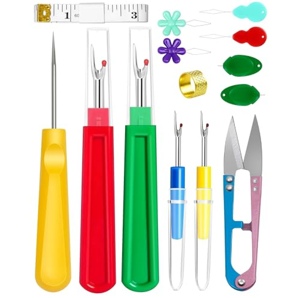 FIVEIZERO Seam Rippers for Sewing – 2 Big and 2 Small Stitch Remover Tools, Thread Ripper, Embroidery Removal Tool, with Needle Threaders, Thimbles, Tape Measure, Tailors Awl and Thread Snips