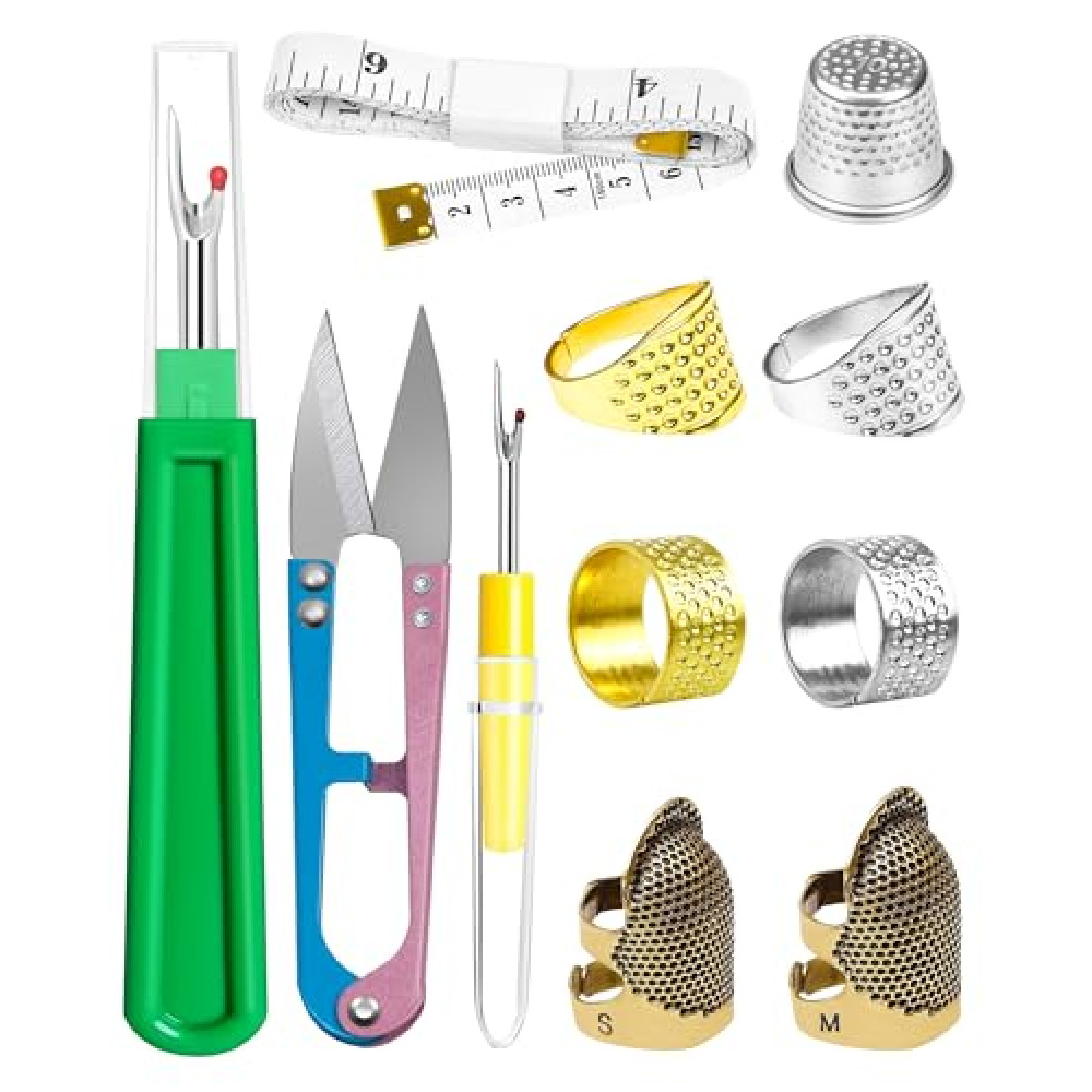 FIVEIZERO Thimble Kit– Sewing Thimbles for Hand Sewing, Metal Finger Protectors, Thimble Ring for Quilting and Embroidery, Includes Seam Ripper, Measuring Tape and Thread Snips