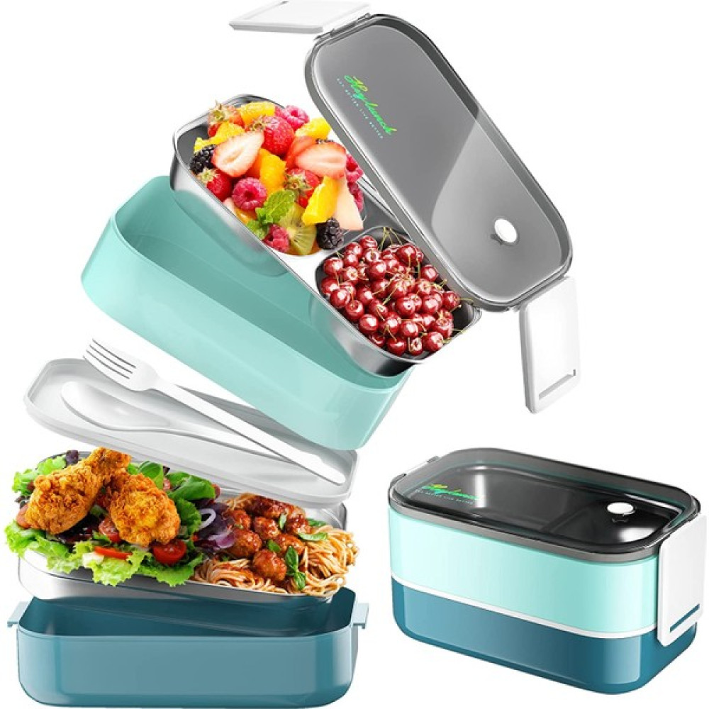 FIY Sefer Tası Öğle Yemeği Kutusu Bölmeli Paslanmaz Çelik Sandviç Kutusu Bento Kutuları Sızdırmaz 1400 ml. (Yurt Dışından) - Yeşil - Mavi Saklama Kapları Fiyatı