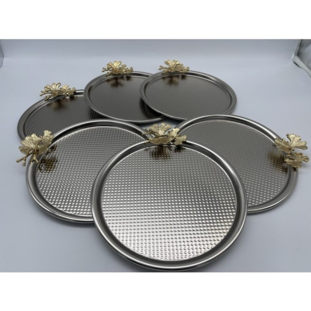 Fiyakalı Ürünler Atölyesi 6'lı Kelebekli Gümüş Dekoratif Yuvarlak Tepsi, Çay, Kahve, Tatlı, Pasta Servisi Sunum Tepsisi 22CM. Servis Tepsisi Fiyatı