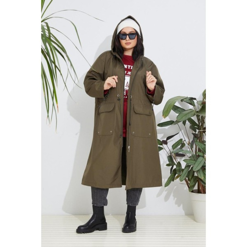 Fiyonque Oversize Kapüşonlu Cepli Trench Kadın Trençkot Fiyatı