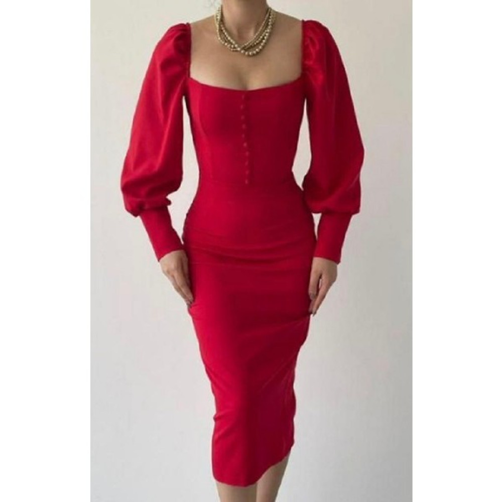 Fiyonque Vintage Stil, Balon Kol Elbise - Kırmızı Elbise Fiyatı