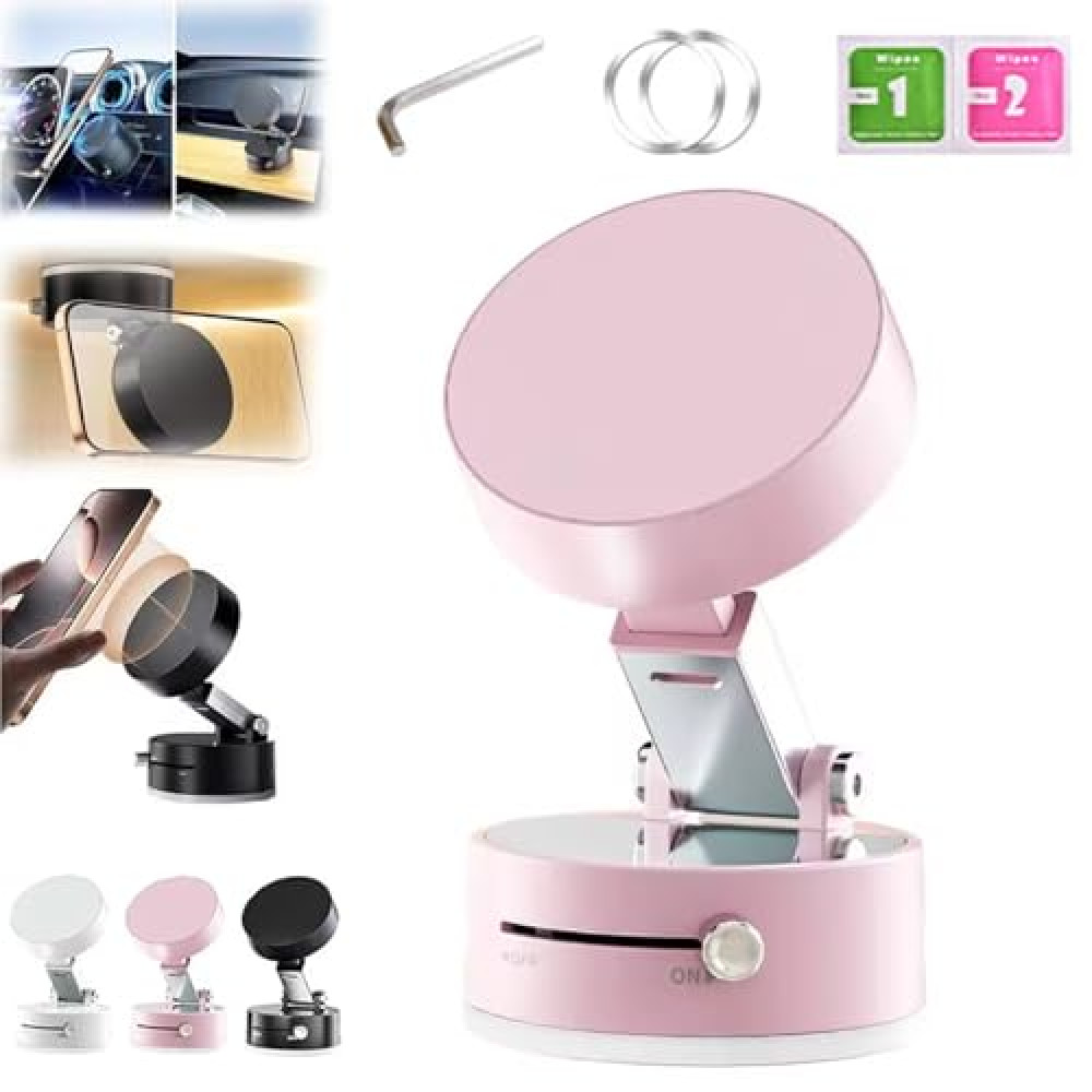 FJXMLDM Foldable Portable Vacuum Magnetic Cell Phone Holder, Double-Sided Adsorption Adjustable Retractable Phone Mount for All Phones, Multifunctional Rotatable Phone Stand for Car Mirror Gym(Pink)