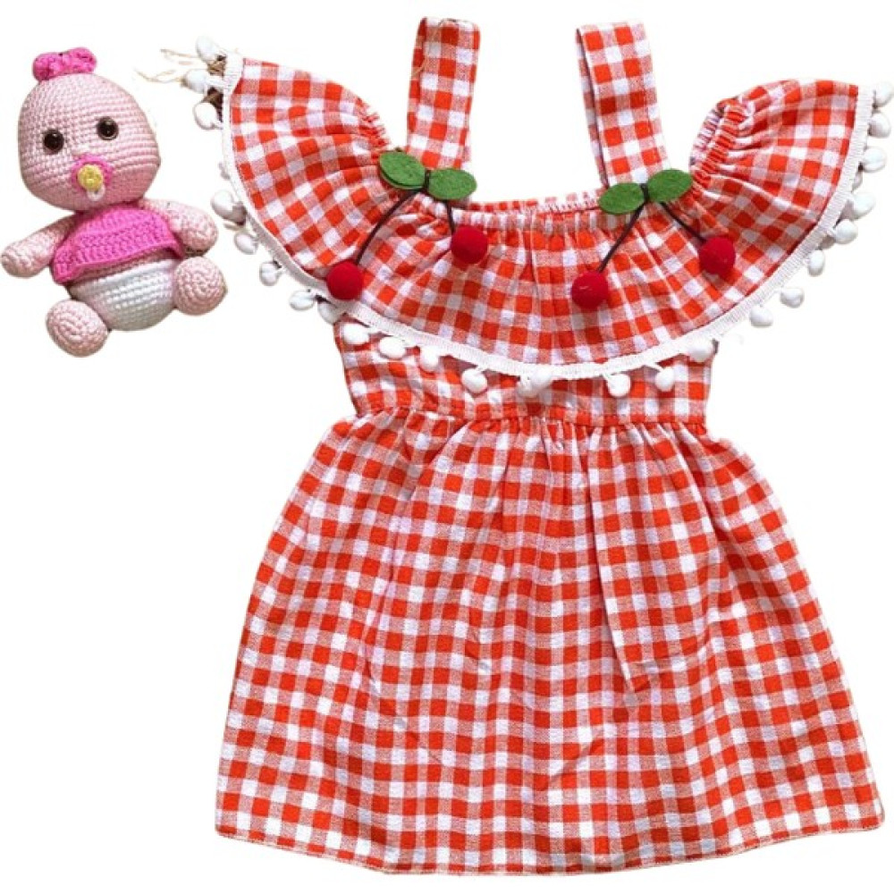 FK Hera Store Kız Bebek Kareli Kiraz Detaylı Lüx Elbise Kol Üstü Detaylı Bebek Elbisesi Fiyatı
