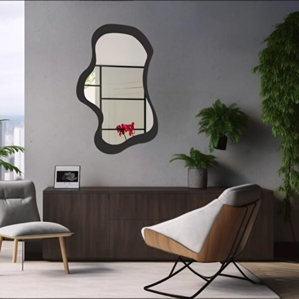FKC Tasarım Asimetrik Dalgalı Dekoratif Siyah Çerçeveli Ayna Duvar Dekoru(55 x 35CM) - 55X35 Ayna Fiyatı