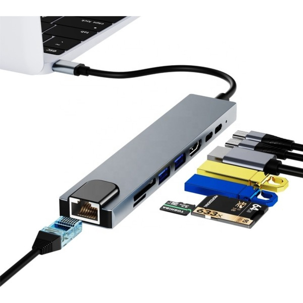 Flagen Macbook Uyumlu Type-C To 4K HDMI TV Projeksiyon Ultra HD 1080P (2*Type-C 2* USB 3.0) 100Mbps Ethernet Lan 2*SD 8 In 1 Çevirici Hub Adaptör Bilgisayar Çevirici ve Adaptörü Fiyatı