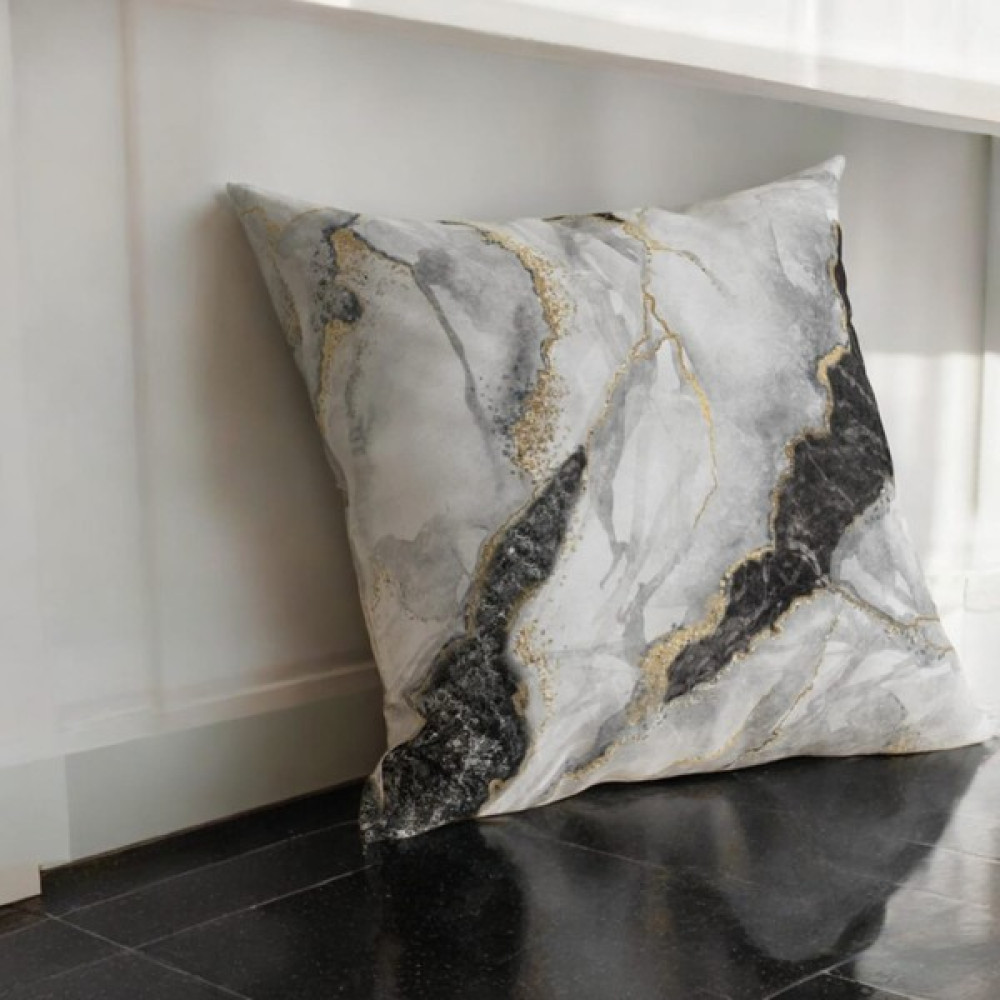 Flamenco Tekstil Siyah Gri Mermer Tasarımlı Dijital Baskılı Kırlent Kılıfı - 45 x 45 cm Kırlent / Mobilya Yastığı Fiyatı