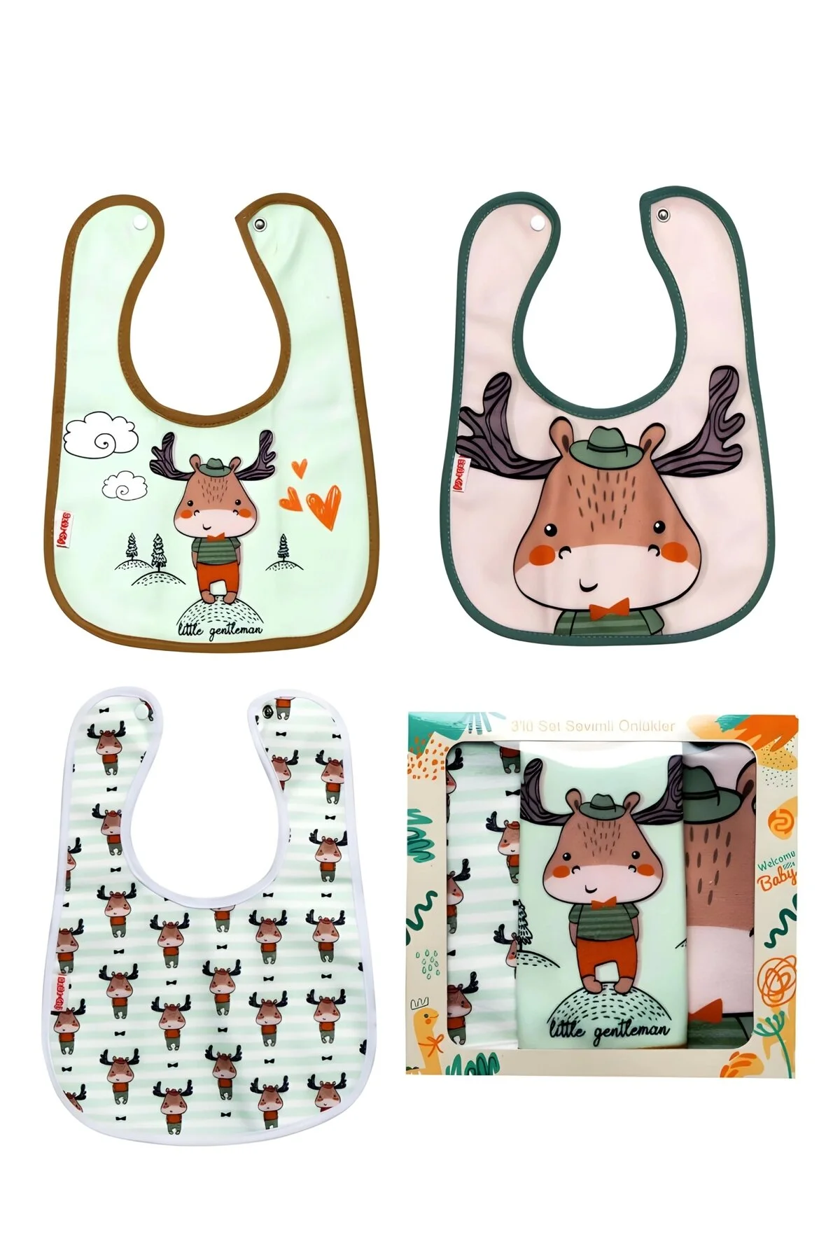 flandoly 3lü Geyik Temalı Microfiber %100 Pamuk Sıvı Geçirmez Mama Önlüğü Su Geçirmez Bebek Fular Önlük Standart Beden" Mama Önlüğü Fiyatı