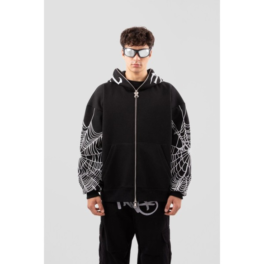 Flaw Atelier Spider Web Full Zip Siyah Oversize Hoodie Erkek Sweatshirt Fiyatı