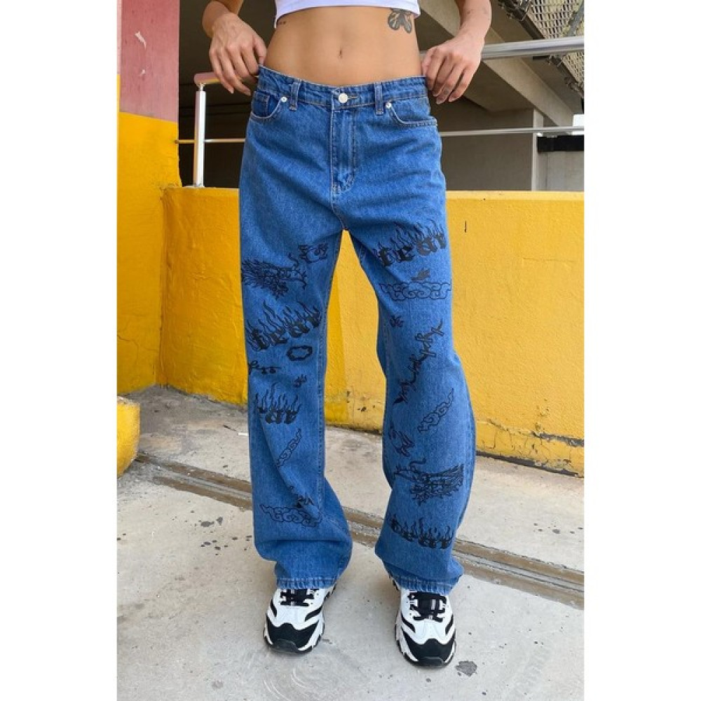 Flaw Baskı Detaylı Mavi Baggy Jean Kadın Pantolon Fiyatı
