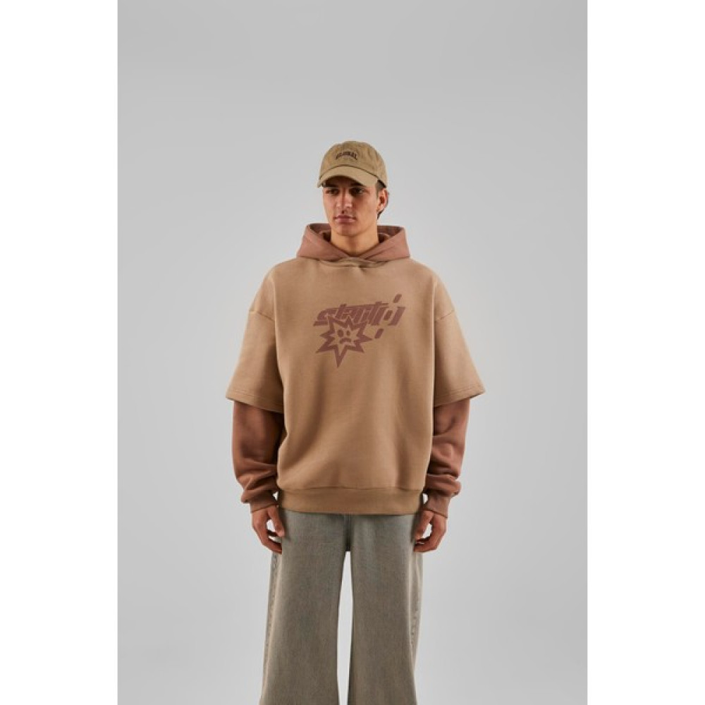 Flaw Baskılı Double Color Kahverengi Oversize Hoodie Erkek Sweatshirt Fiyatı
