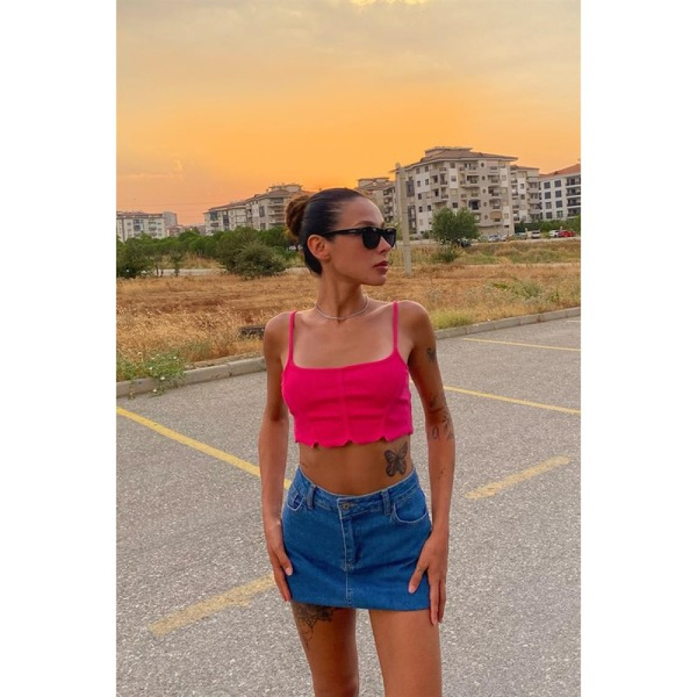 Flaw Dikiş Detay Askılı Pembe Crop Bluz Fiyatı