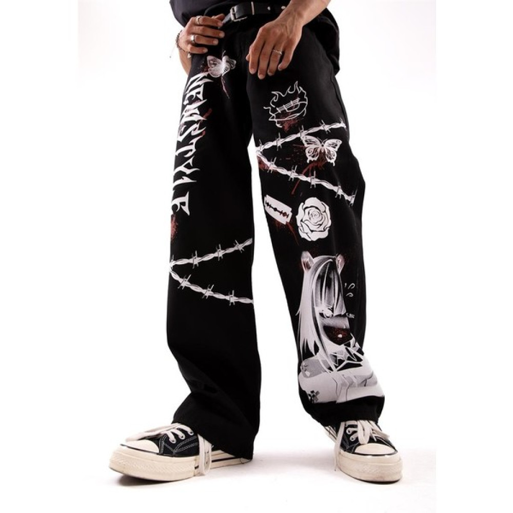 Flaw New Style Baskılı Siyah Baggy Jean Erkek Pantolon Fiyatı