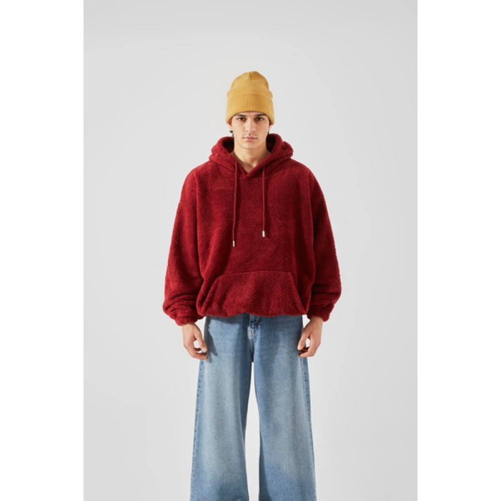Flaw Peluş Bordo Oversize Hoodie Erkek Sweatshirt Fiyatı