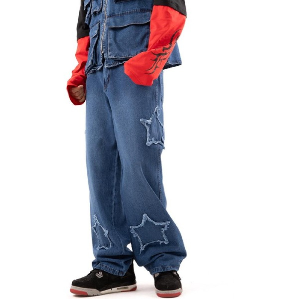 Flaw Star Patch Detay Mavi Baggy Jean Erkek Pantolon Fiyatı
