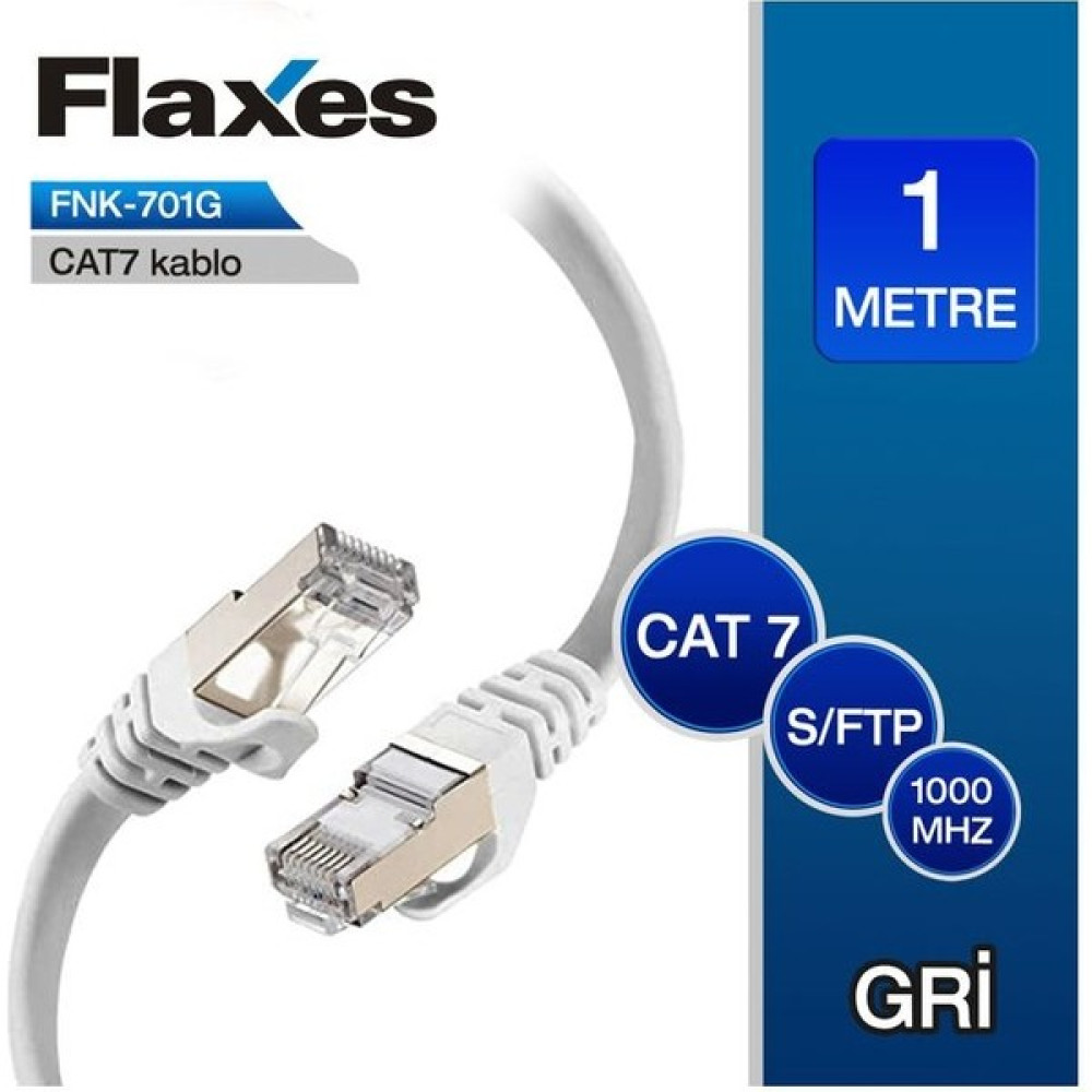 Flaxes FNK-701G 1 M. Cat 7 S/ftp Patch Kablosu, Gri Ağ / Network Kablosu Fiyatı