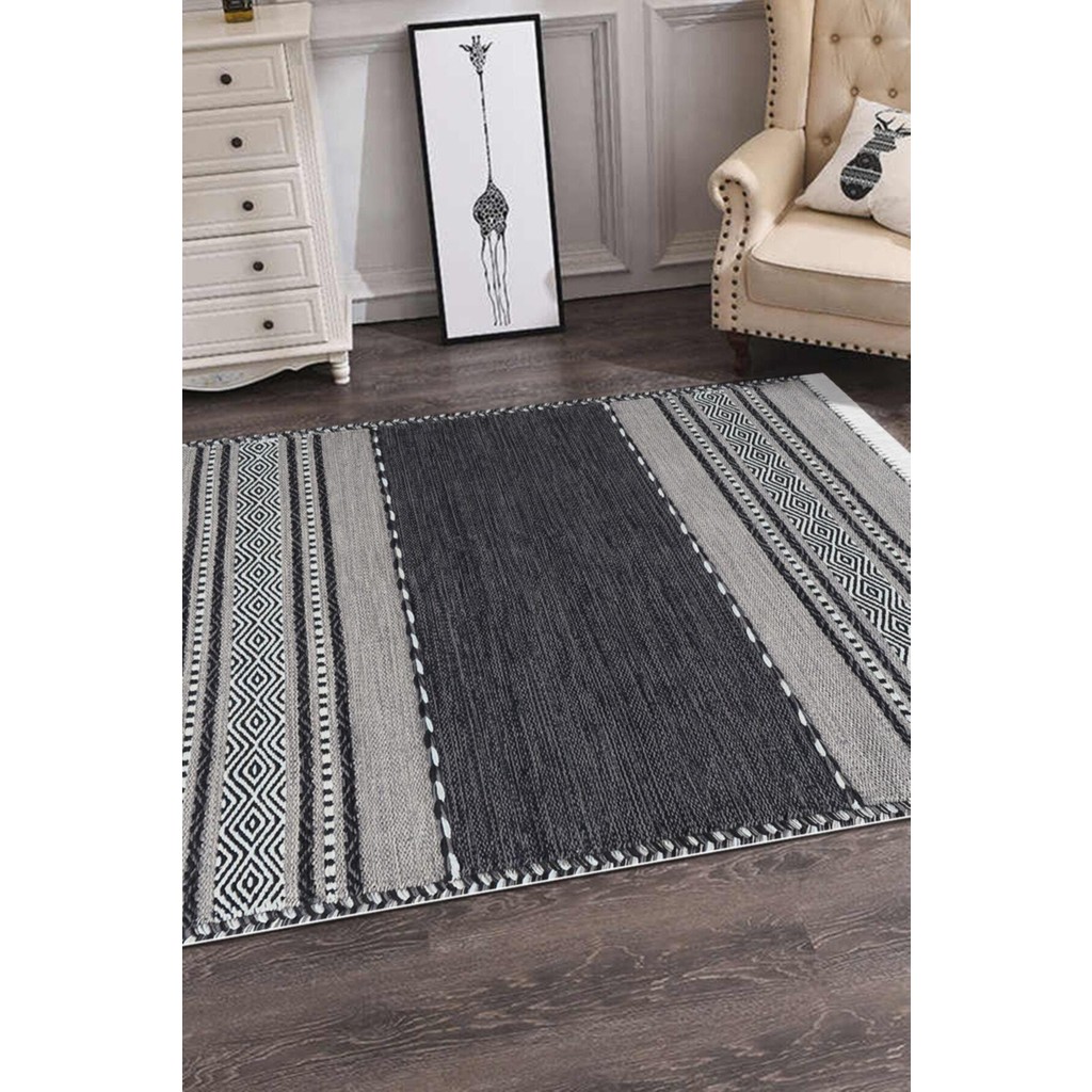 Flentina İskandinav Desen Kaymaz Taban Salon - Oturma Odası Halısı - 100 x 200 cm - Siyah Salon Halısı Fiyatı
