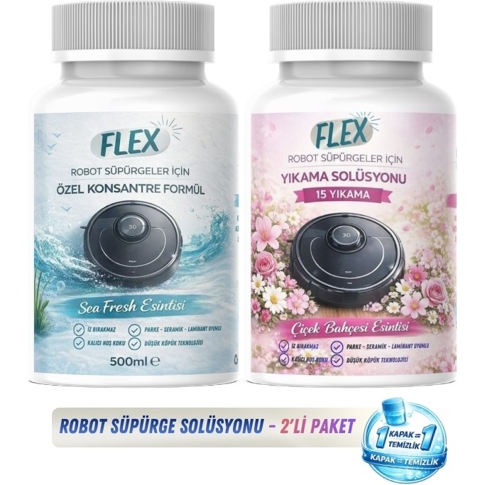 Flex Robot Süpürge Yüzey Temizleme Solüsyonu 500 ml x2 Adet | Moplu Robotlar ile Uyumlu | Düşük Köpük | İz Yapmaz - 2 Farklı Koku (Çiçek Bahçesi ve... Robot Süpürgeler Fiyatı