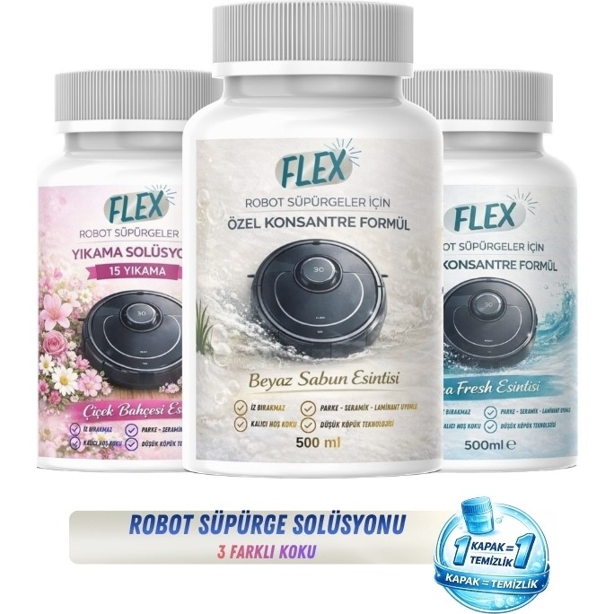 Flex Robot Süpürge Yüzey Temizleme Solüsyonu 500 ml X3 Ad. Karma Koku Avantaj Paketi | Moplu Robotlar ile Uyumlu | Düşük Köpük | - 3 Adet Robot Süpürgeler Fiyatı