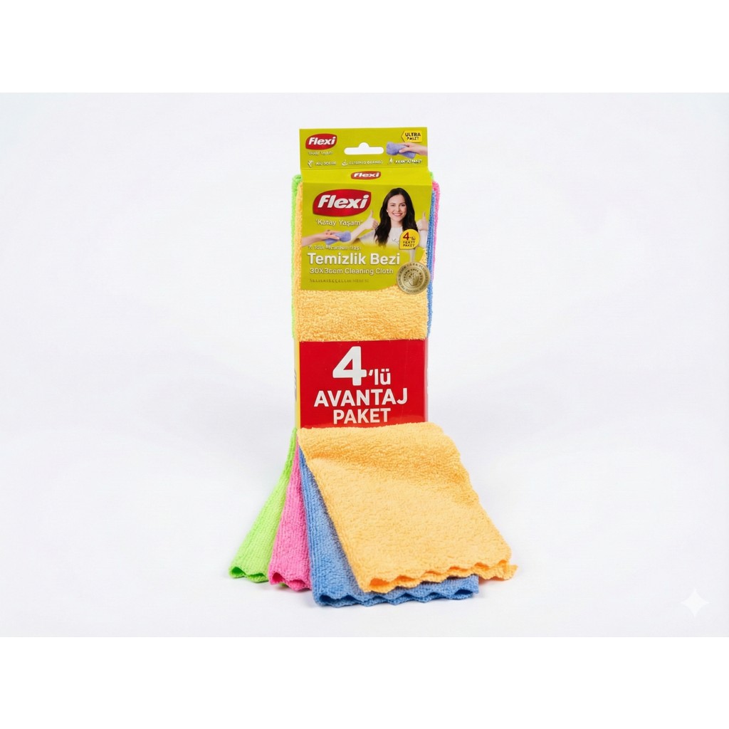 Flexi %100 Mikrofiber Temizlik Bezi 30X35 cm – Çift Taraflı, Iz Bırakmaz, 4’lü Avantaj Paket Deterjan ve Temizlik Ürünleri Fiyatı